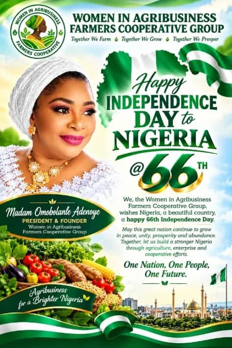 The cooperative's Independence Day flyer: the WIAB logo, "Happy Independence Day to Nigeria @66th", Madam Omobolanle Adenoye, President & Founder, and the words "One Nation, One People, One Future".
