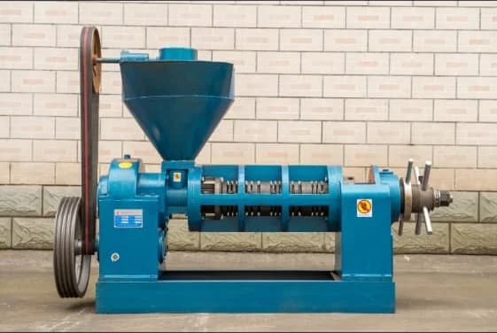 An oil extraction machine on a concrete floor: a belt-driven motor on the left, a funnel-shaped hopper on top and the pressing barrel across the middle.