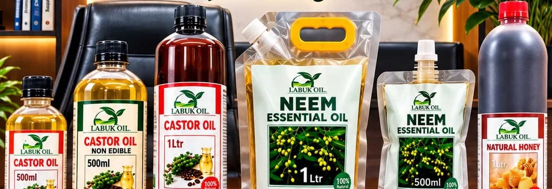 Bottles of neem oil, castor oil and honey from Labuk Agro, on a desk.